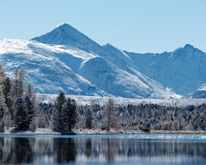 Lake in the mountains. Winter landscape. Mountains in the snow.