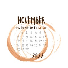 calendar 2022 month november, november page with coffee for tear-off calendar- vector illustration with coffee stains