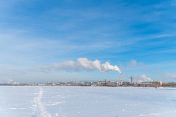 view of the industrial city in winter. Tubing