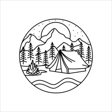 recommend clip art: Vector mountains logo. Line art. Moon, stars and campfire. Black and white landscape. Camping, hiking symbol. Hand drawn travel illustration. Line icon. Sunset.