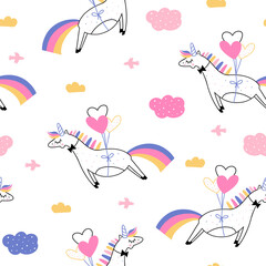 Seamless vector pattern with rainbow flying unicorn on white background