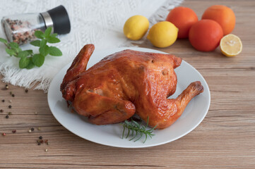 The plate of roast chicken and fruit