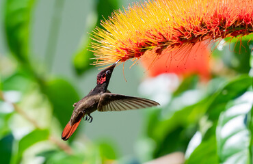 Colorful and glittering red and gold Ruby Topaz hummingbird, Chrysolampis mosquitus, feeding on a tropical Combretum flower (Monkey brush) with garden plants blurred in the background.
