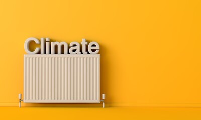 Radiator heater with the word climate on top. Energy concept 3D Rendering