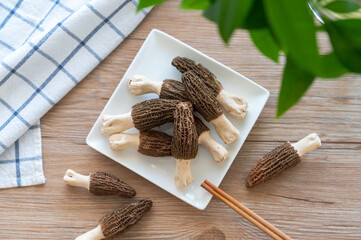 The plate of morel on the table