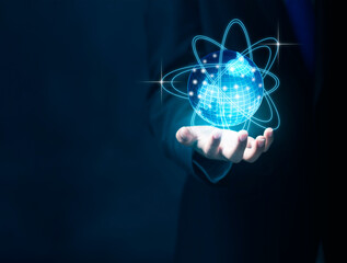 Hand holding globe concept with network threads surrounded with internet of things icons.Business communications, finance, banking and global networking.