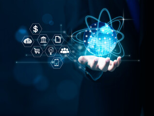Hand holding globe concept with network threads surrounded with internet of things icons.Business communications, finance, banking and global networking.