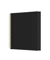 Black Photo album or book with black pages and golden spirals. Vector realistic Mockup. Empty Template. Standing closed book with hardcover. EPS10.