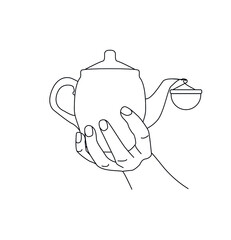 female hand holds a kettle. vector stock illustration. outline