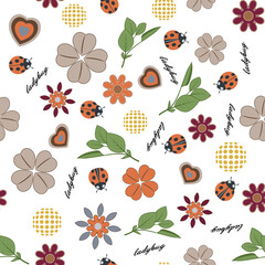 Summer forest floral seamless pattern hand drawn spring pastel garden background with flowers, leaves, shamrocks and ladybugs