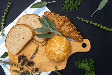 Bread on cutting board, top view