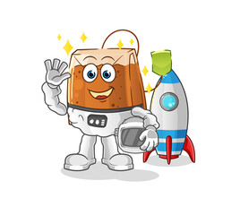 tea bag astronaut waving character. cartoon mascot vector