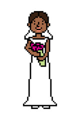 Pixel art happy bride with flowers on a wedding day, 8 bit black girl character isolated on white background. Fiancee in a dress and veil. Woman getting married. Retro 2d game, slot machine graphics