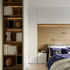 Modern bedroom interior with purple bed linen and a bookshelf. 3d rendering
