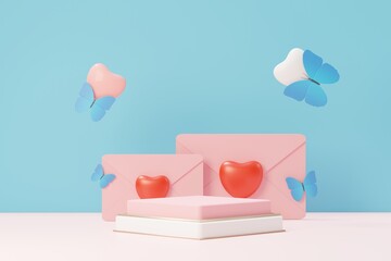 3d render minimal sweet scene with display podium for mock up and product brand presentation. Pink Pedestal stand for Valentine's Day's theme. Cute lovely heart background. Love day's design style.