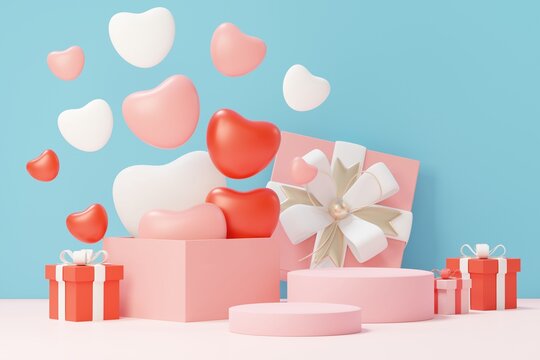 3d render minimal sweet scene with display podium for mock up and product brand presentation. Pink Pedestal stand for Valentine's Day's theme. Cute lovely heart background. Love day's design style.