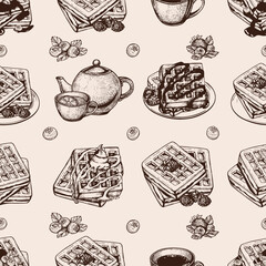 seamless pattern belgian waffles vector sketch on beige background. coffee mug, teapot, tea with lemon vector, hand drawing. eps art vector