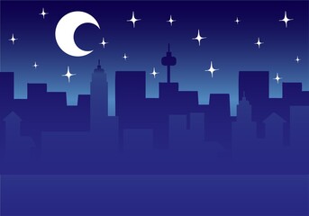 Vintage town at night. Bright moon and shooting star. Night cityscape in flat style. Night city silhouette. Modern night city landscape. Dark urbanscape stock vector