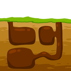 Animal hole and burrow. Scheme of hiding insects and rodents, mice in ground. Tunnels in ground. Underground background. Flat design