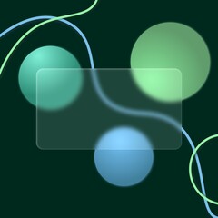Transparent and blurred frame or business card in glassmorphism style with blue and green 3d circles and curved lines on dark background. Frosted glass effect background. Sale banner.