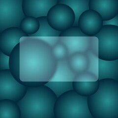 Transparent and blurred frame or business card in glassmorphism style with dark blue 3d circles on the background. Frosted glass effect background.