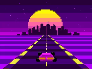 Gordijnen Retrowave Race Arcade game in Pixel Art vector achtergrond in retro jaren 80 - 90 stijl. 8-bit Pixel synthwave-graphics met nacht neon stadsachtergrond met racebaan © VRTX