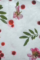 ice texture background with red berries and leaves