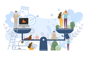 Flat design of work life balance concept and work life harmony vector, business people with leisure activities, relaxing lifestyle management vector, overwhelm business people with business tools.