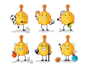 wooden honey dipper sport set character. cartoon mascot vector