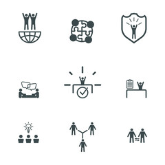 
Simple set of teamwork related vector line icons. Contains such Icons as cooperation, research, meetings and more. Editable move.