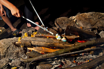 Children rest in nature by the fire. Children bask by the fire at night and fry marshmallows.