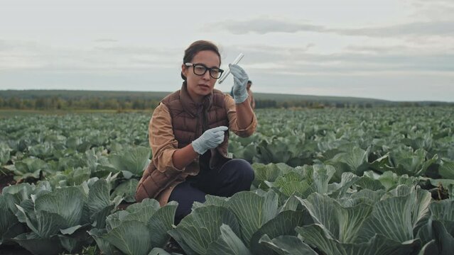 Professional farm worker spending workday outdoors on field taking sample of soil to check pH
