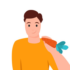 Flat vector cheerful young man character health care diet concept illustration holding carrot in hand isolated on white vegetable vegetarian fresh healthy food organic eating tasty