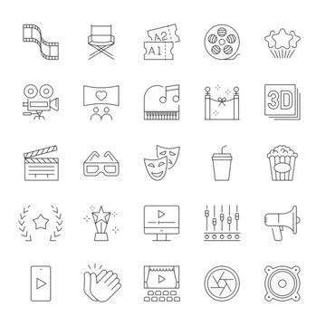 A set of line icons, movie, film, theater, icons, vector illustration.
