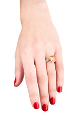 Diamond Ring. Wedding Ring. Close up Diamond ring on woman's finger before wedding. Close up of elegant diamond ring on the finger.