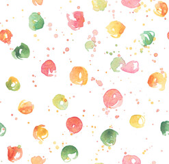 Watercolor round spots, uneven tiny  dots seamless pattern. Natural, dim colors circle shape brush strokes, paint stains, watercolour  background. Hand drawn colorful dot texture.