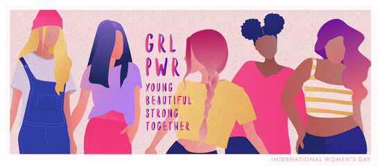 Girl power illustration with young women friends hugging together. Multi ethnic girl characters in modern abstract style. International Women's day web banner or greeting card, cover, poster