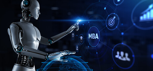 MBA Master business administration education. Robot pressing virtual button 3d render illustration.