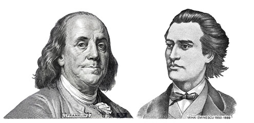 Benjamin Franklin cut on new 100 dollars banknote and Mihai Eminescu cut from 1000 Romanian lei...