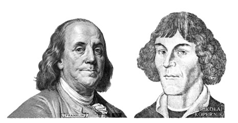 Benjamin Franklin cut on new 100 dollars banknote and Nicolaus Copernicus cut on 1000 Polish zloty - obrazy, fototapety, plakaty