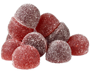 Handful of red and orange candy close up