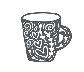 Scandinavian modern cup with flowers and blossom in hygge style. flourish vector mug element with hearts for valentine day, romantic love greeting card, holiday