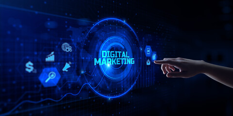 DIgital marketing online internet SEO SEM SMM. Hand pressing button on screen.