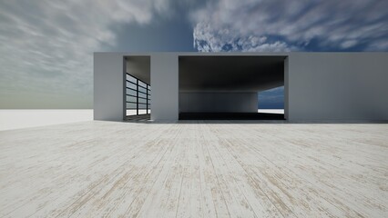 Empty floor for car park. 3d rendering of abstract gray building with clear sky background.