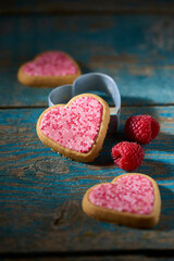 Fototapeta na wymiar cookies with heart shape and fruit for valentine's day