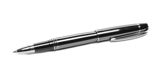 Open pen, silver metal ballpoint isolated on white 