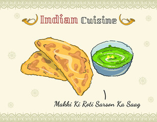 Sarson ka saag. Indian Punjabi Food Vector Colored doodled style Indian cuisine, dish. Traditional Food from India