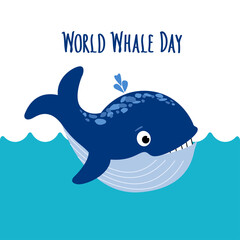 Cute Whale blowing fountain in the blue sea Waves. World Whale Day handwritten Lettering. World whales day abstract sign and baby-whale. Protection of marine mammals. Vector flat illustration.