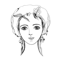 Beautiful face of a girl with a nice hairstyle and earrings.
