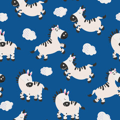 Seamless pattern with cute hand drawn zebras. Design for fabric, textile, wallpaper, packaging, decorating a nursery.	